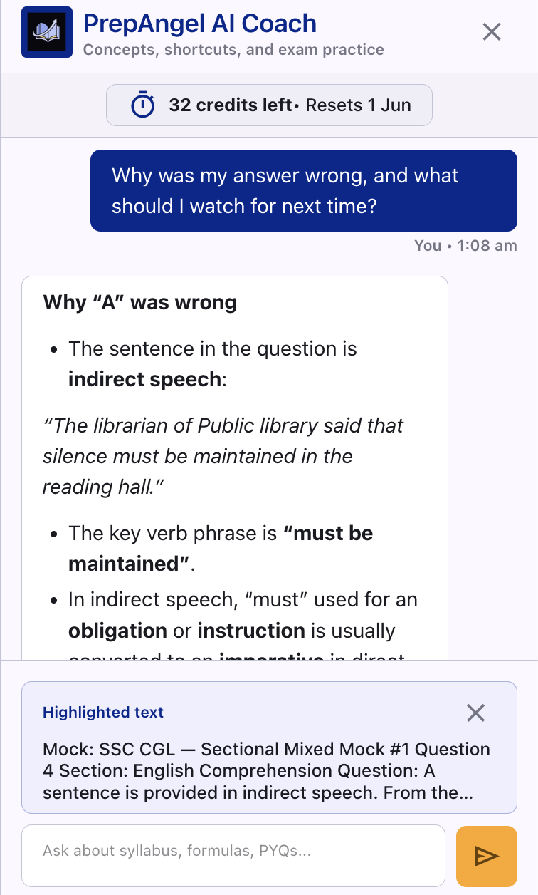Screenshot of the PrepAngel AI Coach explaining a question